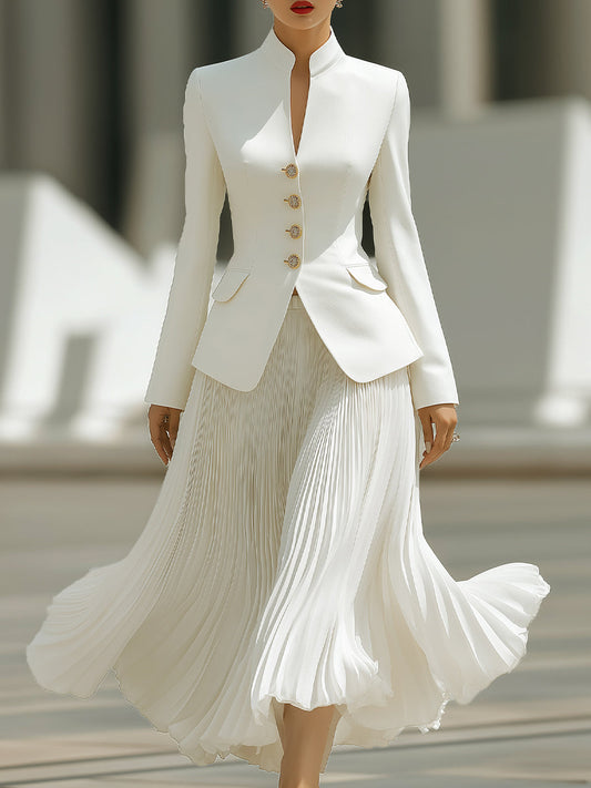 Elegant Pleated Skirt & Tailored Jacket Set(Jacket And Skirt Only)