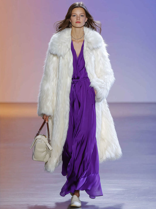Fashionable And Elegant Retro White Faux Fur Long Coat