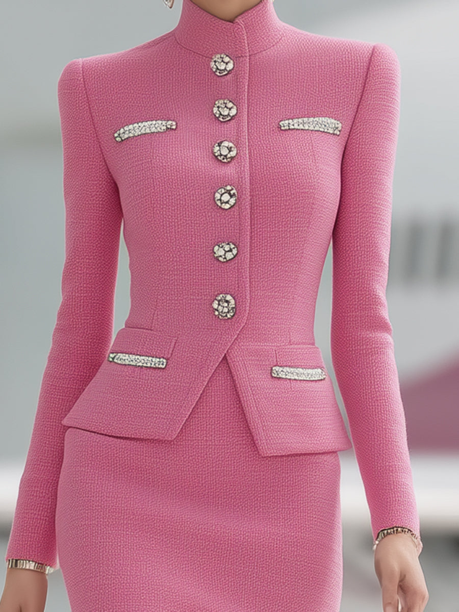 Fashionable Pink Woolen Silver Button Jacket And Skirt Set