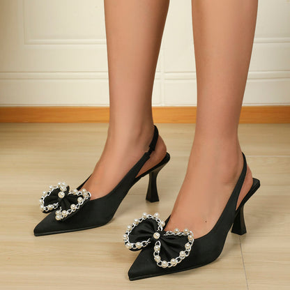 Elegant Satin Flared Heel Pointed Toe Pearl Bow Slingback Black Pumps