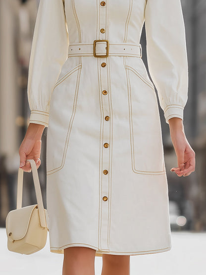 Elegant Belted White Denim Shirt Dress With Gold Button Detailing