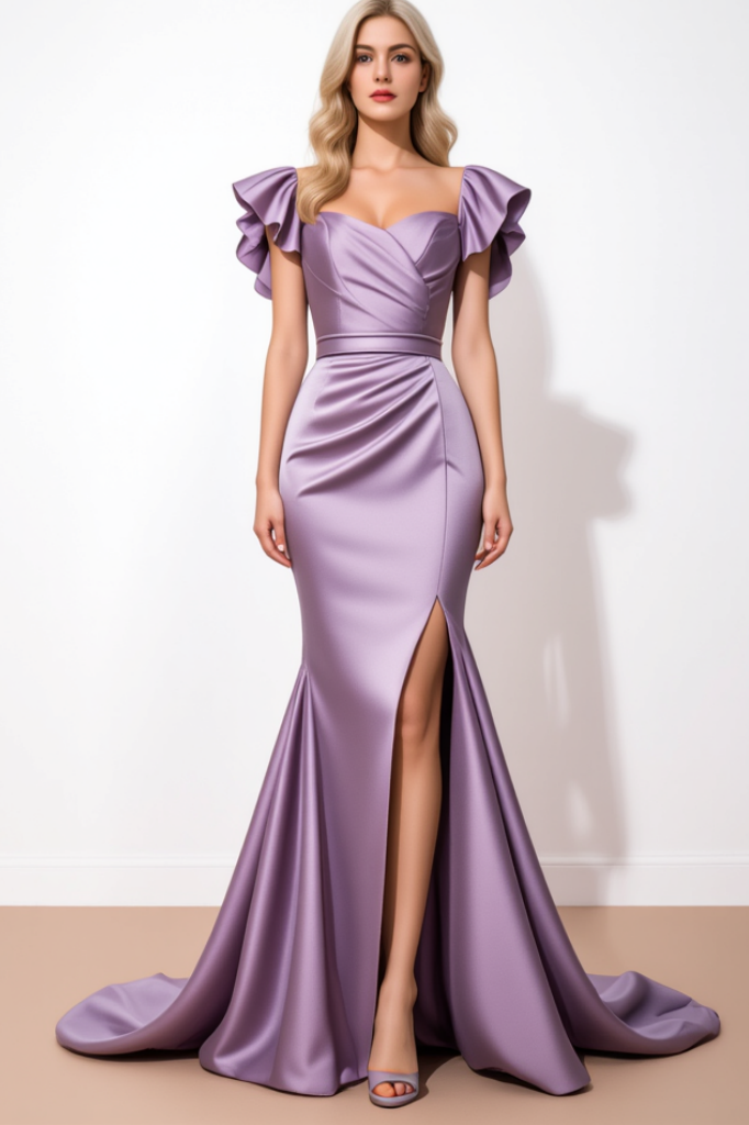 Evening Formal Satin Dress Purple Square Neck Floor-Length Dress