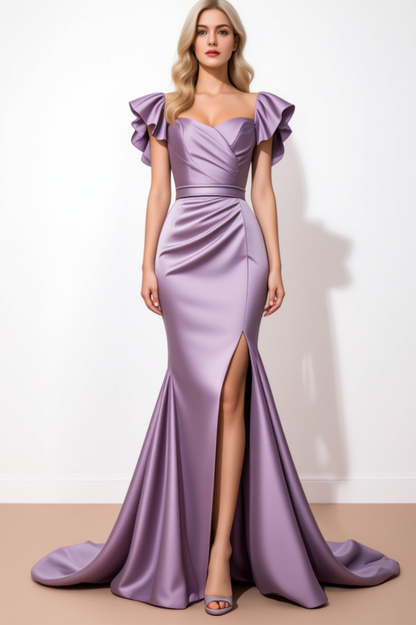 Evening Formal Satin Dress Purple Square Neck Floor-Length Dress