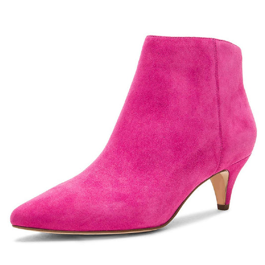 Fuchsia Faux Suede Pointed Toe Ankle Boots Kitten Heel Booties