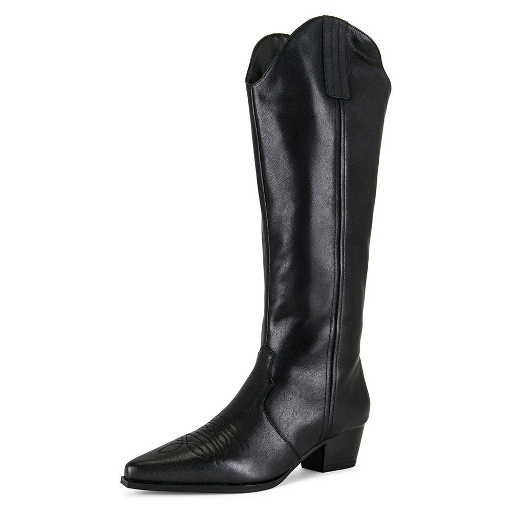 Faux Leather Embroidered Pointed Toe Mid-Calf Black Cowgirl Boots