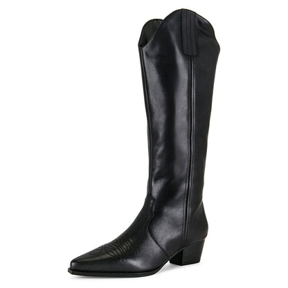 Faux Leather Embroidered Pointed Toe Mid-Calf Black Cowgirl Boots