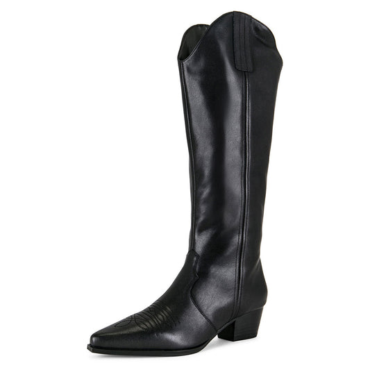Faux Leather Embroidered Pointed Toe Mid-Calf Black Cowgirl Boots