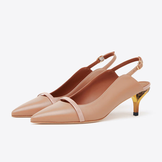 Beige Vegan Leather Closed Toe Kitten Heel Slingback Pumps