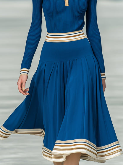 Fashion Retro Blue Knitted Polo Collar Top And Skirt Set