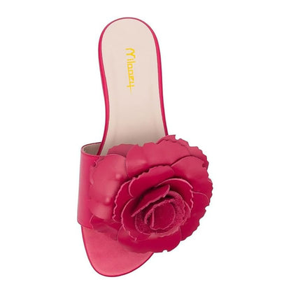 Elegant Fuchsia Round Toe Flower Flat Slip On Sandals for Women