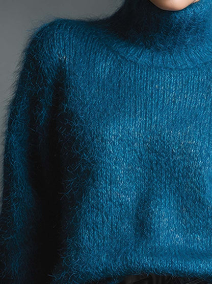 Elegant And Versatile Blue High-neck Mohair Loose Sweater
