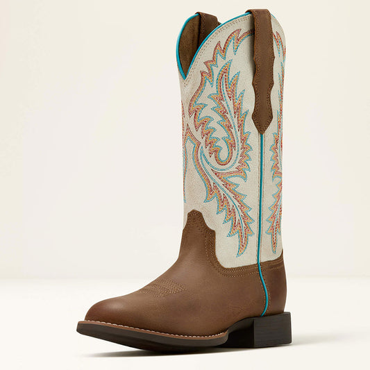 Beige & Brown Round Toe Embroidered Mid-Calf Western Cowgirl Boots