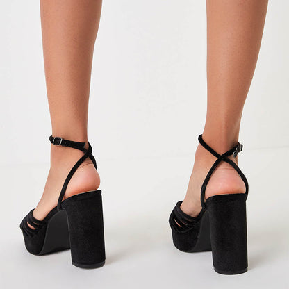 Ankle Strap Chunky High Heel Black Platform Sandals with Knot