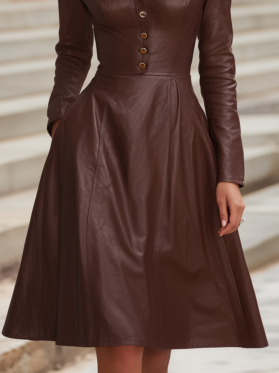 Faux Leather A-Line Shirt Dress With Buttons
