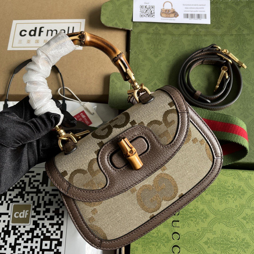 gg Bamboo 1947 Jumbo gg Small Top Handle Bag Camel And Ebony Jumbo gg Canvas Brown For Women 8.3in/21cm 675797 UKMDT 2570