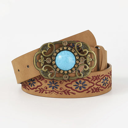 Ethnic Floral Leaf Pattern Embroidered Buckle Belt