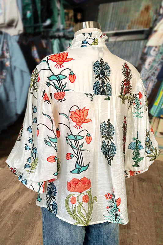 Floral Print Ruffle V-Neck Puff Sleeve Top