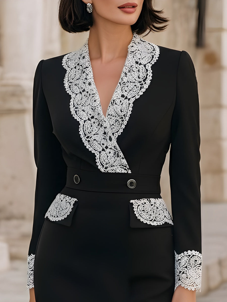 Elegant Midi Dress With Lace Trim