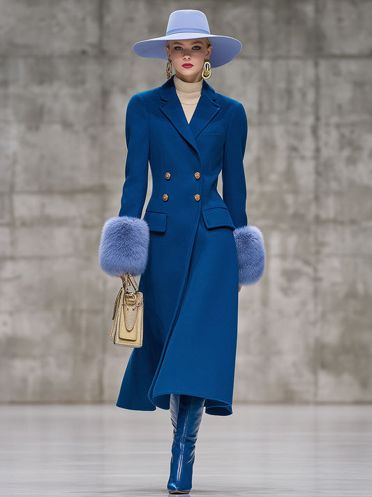 Elegant And Fashionable Blue Plush Cuffs Woolen Coat