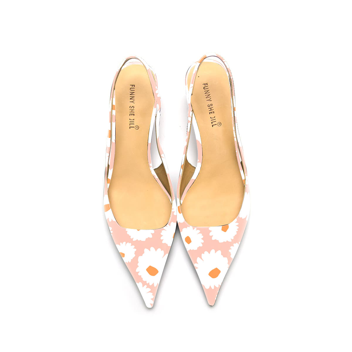 Elegant Pink Daisy Pattern Pointed Toe Kitten Heel Slingback Pumps