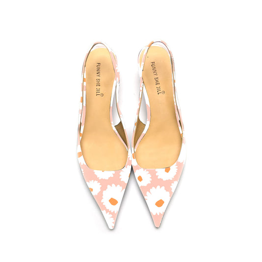 Elegant Pink Daisy Pattern Pointed Toe Kitten Heel Slingback Pumps