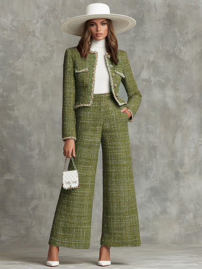 Elegant Textured Fabric Jacket And Wide-leg Pants Set