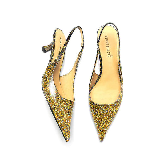 Glitter Pointed Toe Sparkling Gold Slingback Kitten Heel Pump For Women