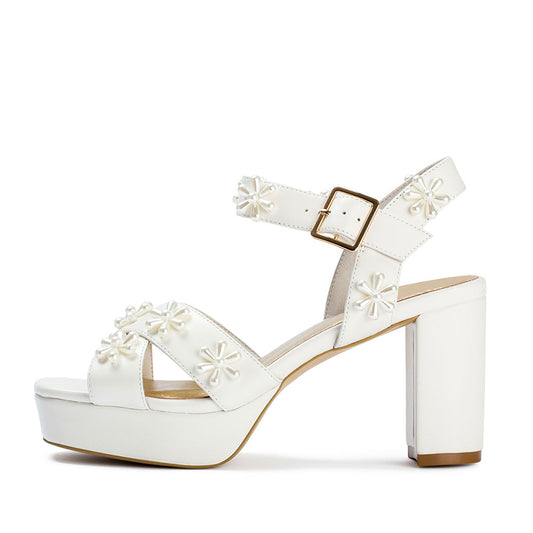 Elegant Ivory Pearl Flower Bridal Shoes Ankle Strap Platform Sandals