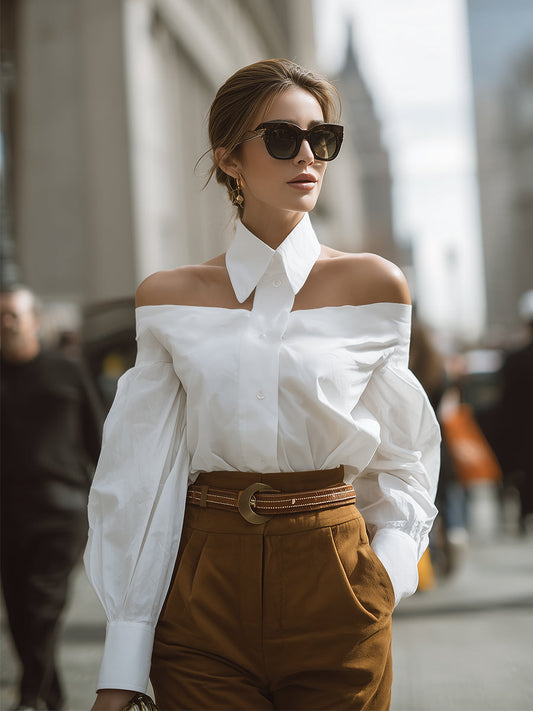 Fashionable Professional Lapel White One-shoulder Long-sleeved Blouse