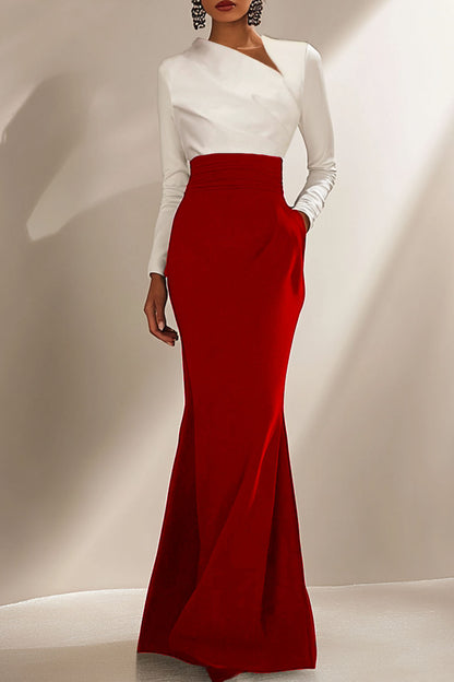Evening Formal Elegant Dress Long Sleeve  Black White Maxi Dress
