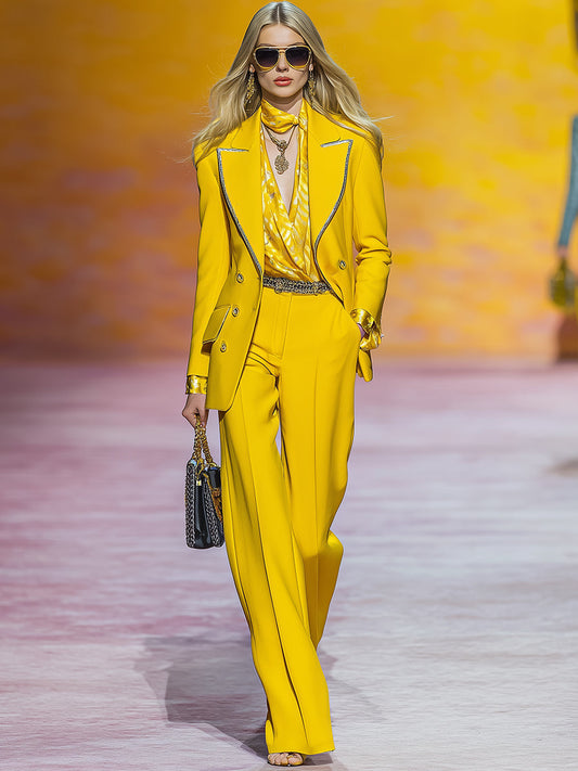 Fashionable And Smart Trim Yellow Suit Trousers Set