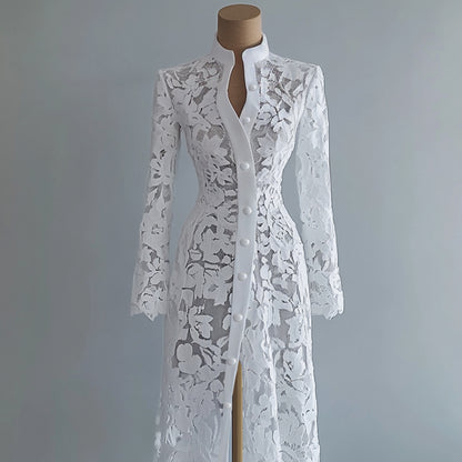 Ursime Lace Stand Collar Button Long Sleeve Coat Midi Dress
