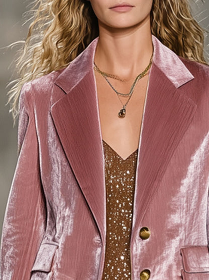 Fashion Retro Pink Velvet Ribbed Blazer