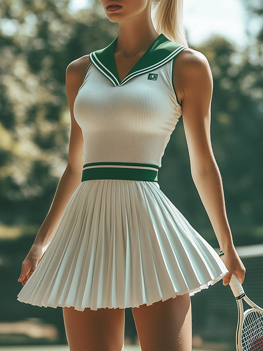 Fashionable Preppy Style White And Green Contrast Striped Sleeveless Mini Dress