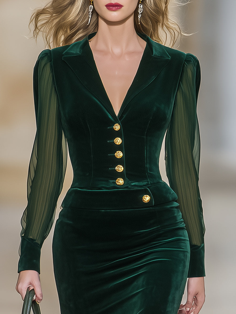 Elegant And Noble Gold Button Dark Green Velvet Slit Midi Dress