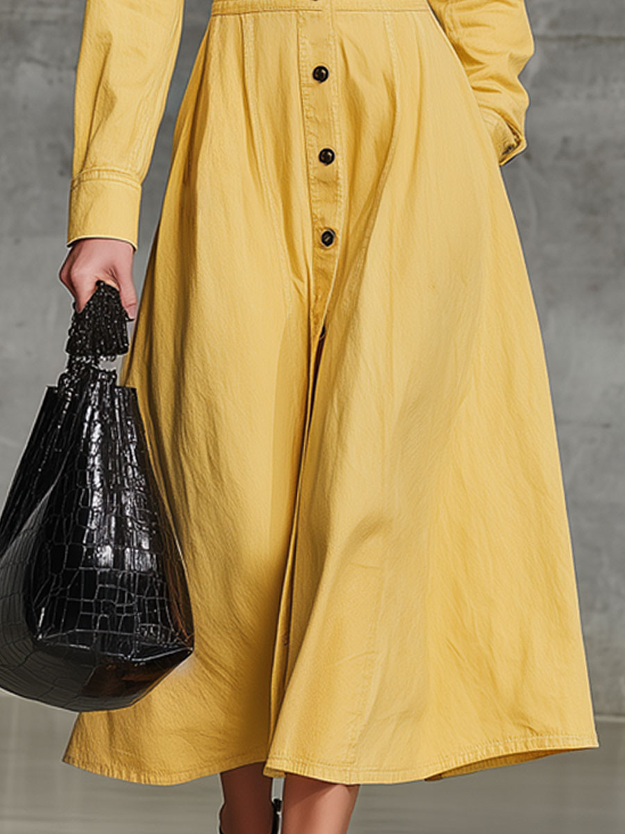 Fashion Retro Long Sleeve Trench Coat Style Yellow Denim Midi Dress