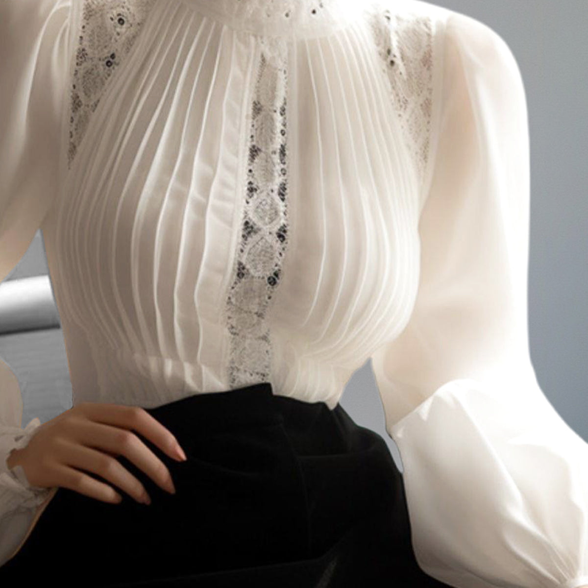 Elegant Mock Neck Puff Sleeve Pleated Lace Blouse