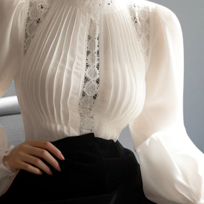 Elegant Mock Neck Puff Sleeve Pleated Lace Blouse