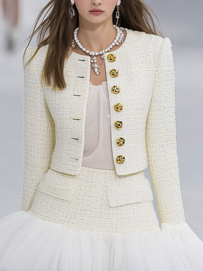 Elegant Textured Fabric Patchwork Organza Jacket And Skirt Set