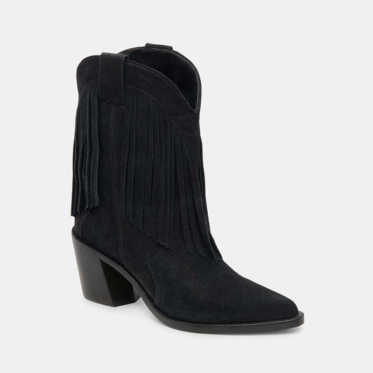 Faux Suede Pointed Toe Embroidered Black Fringe Western Boots