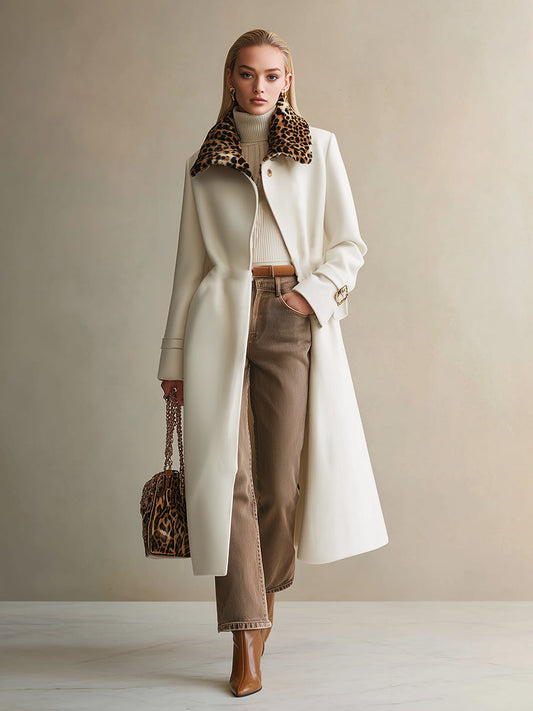 Elegant Urban Leopard Fur Collar Cream White Long Wool Coat