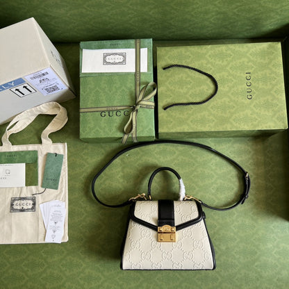 gg Small Top Handle Bag White Debossed gg White For Women 11in/29cm  675791 UD9AX 9099