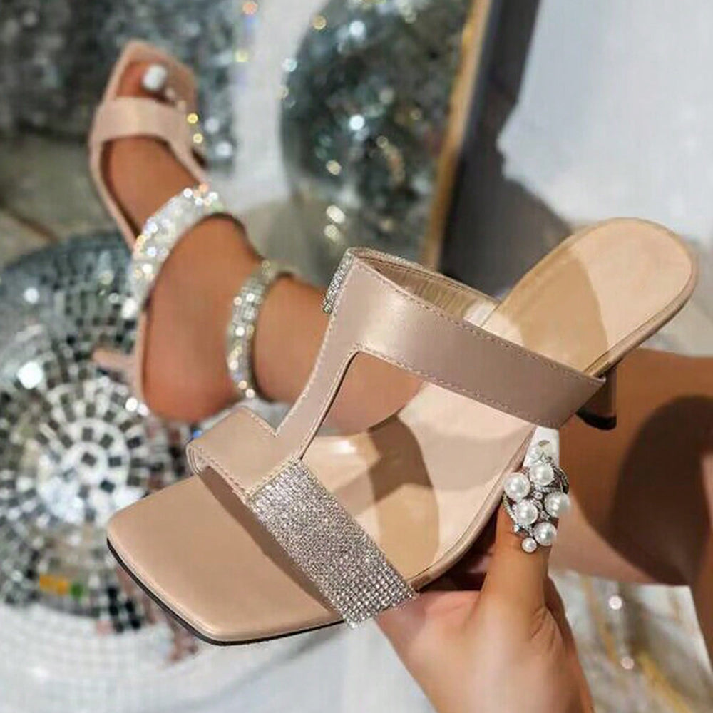 Beige Open Square-Toe Rhinestone Strap Asymmetrical Heeled Sandals