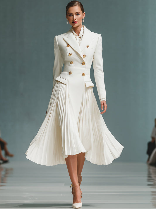 Elegant And Fashionable White Double-breasted Long-sleeved Midi Dress