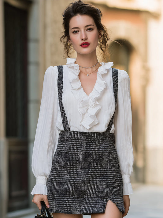 Elegant Ruffle Blouse & Tweed Suspender Skirt Set