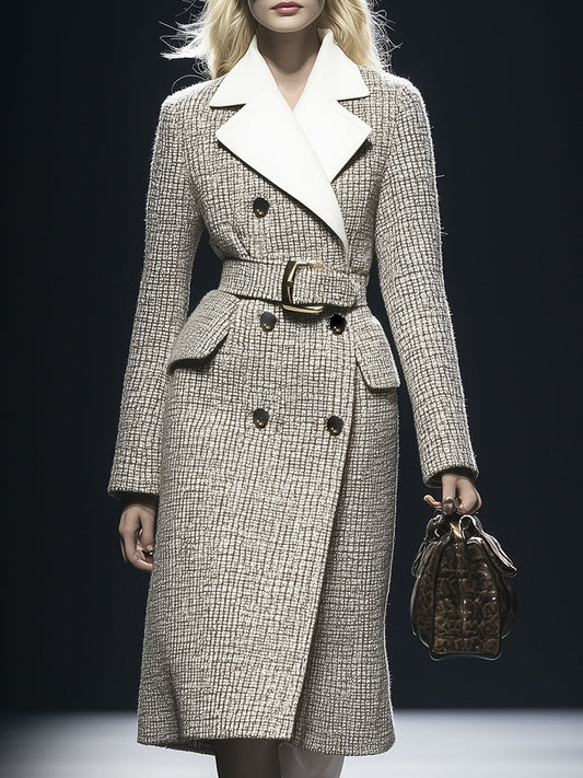 Elegant And Fashionable Gray Plaid Wool Lapel Double-breasted Coat