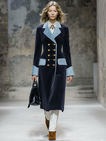 Fashion Retro Blue Velvet Stitching Navy Blue Corduroy Long Coat