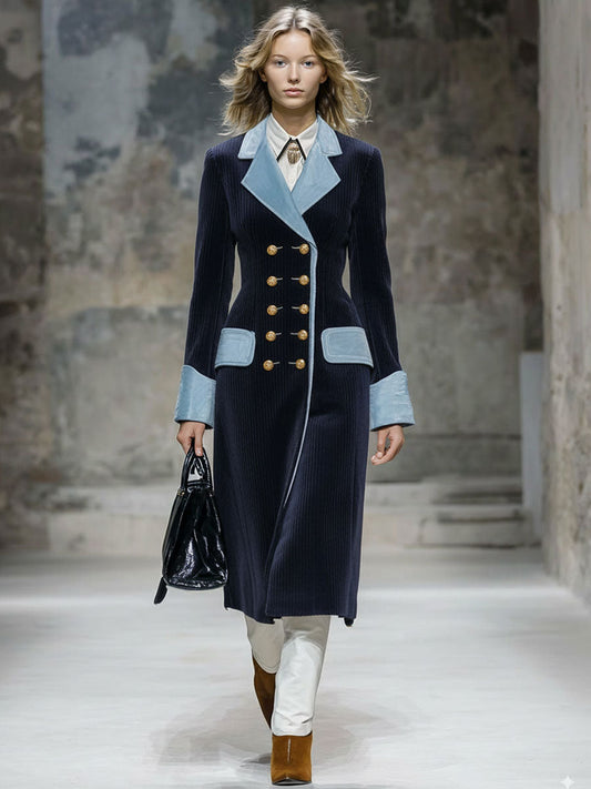 Fashion Retro Blue Velvet Stitching Navy Blue Corduroy Long Coat