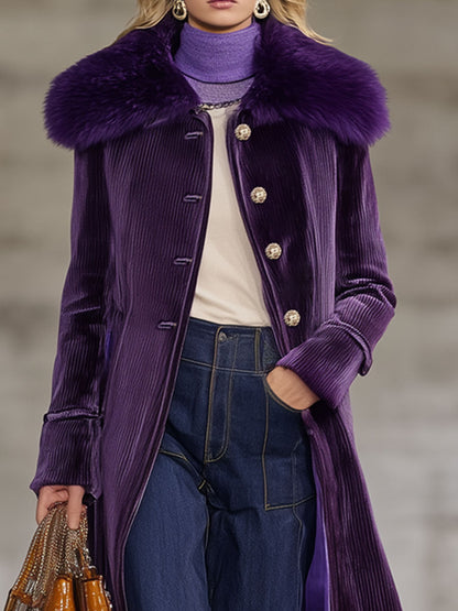 Fashion Retro Purple Corduroy Faux Fur Collar Long Coat