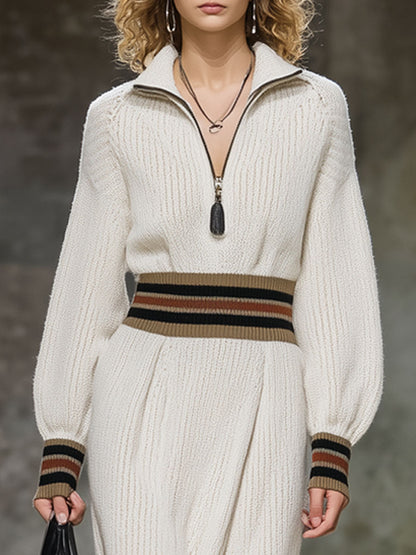Fashion Loose Retro Striped White Knitted Midi Dress